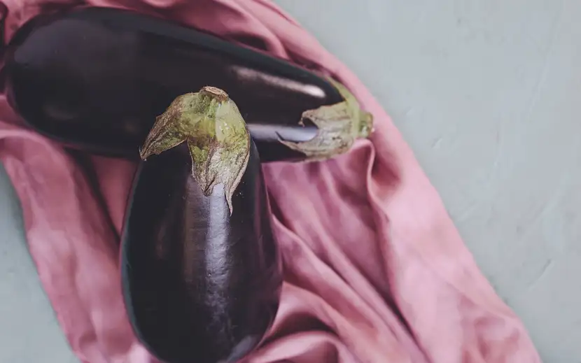 Melanzane Orogel: un ingrediente importante nelle nostre cucine. Due melanzane fresche su un panno rosa.