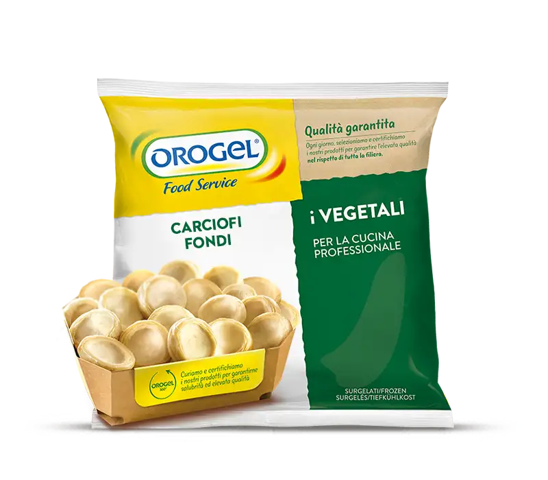 L'immagine mostra una busta da 1kg di fondi carciofo surgelati Orogel