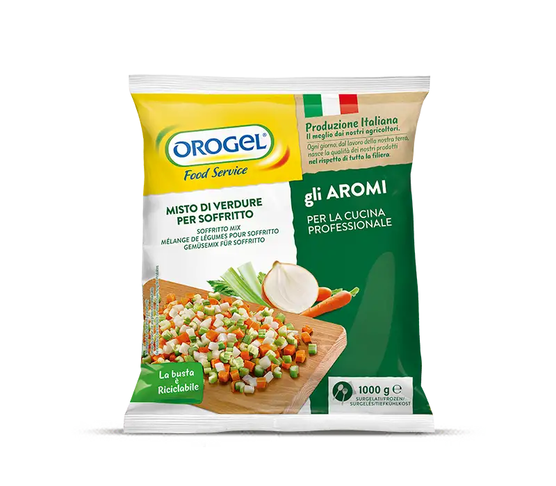 L'immagine mostra una busta di Misto verdure per soffritto surgelato Orogel, busta da 1 kg.