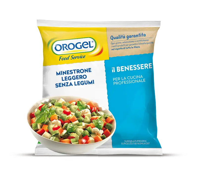 L'immagine mostra una busta di Minestrone Leggero Senza Legumi: busta di minestrone leggerezza Orogel da 2,5kg