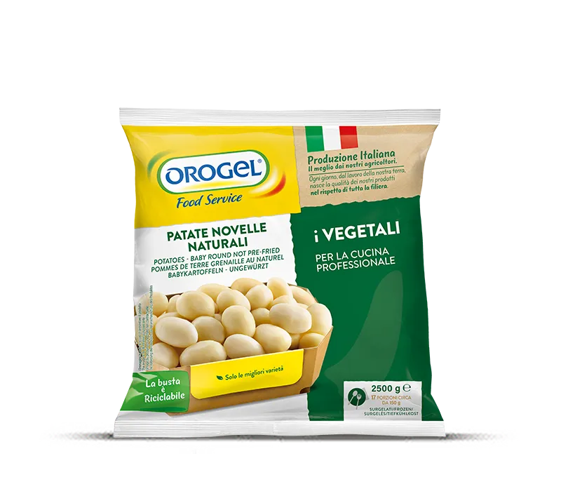 L'immagine mostra una busta da 2,5 kg. di Patate novelle naturali surgelate Orogel