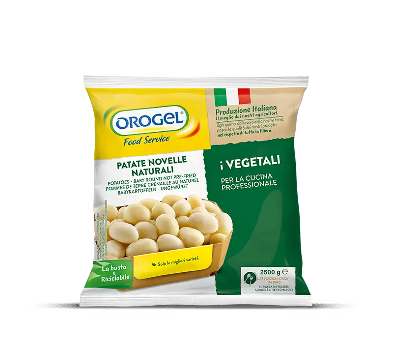 L'immagine mostra una busta da 2,5 kg. di Patate novelle naturali surgelate Orogel