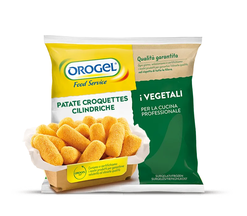 L'immagine mostra una busta da 1 kg. di Patate Croquettes Cilindriche Orogel