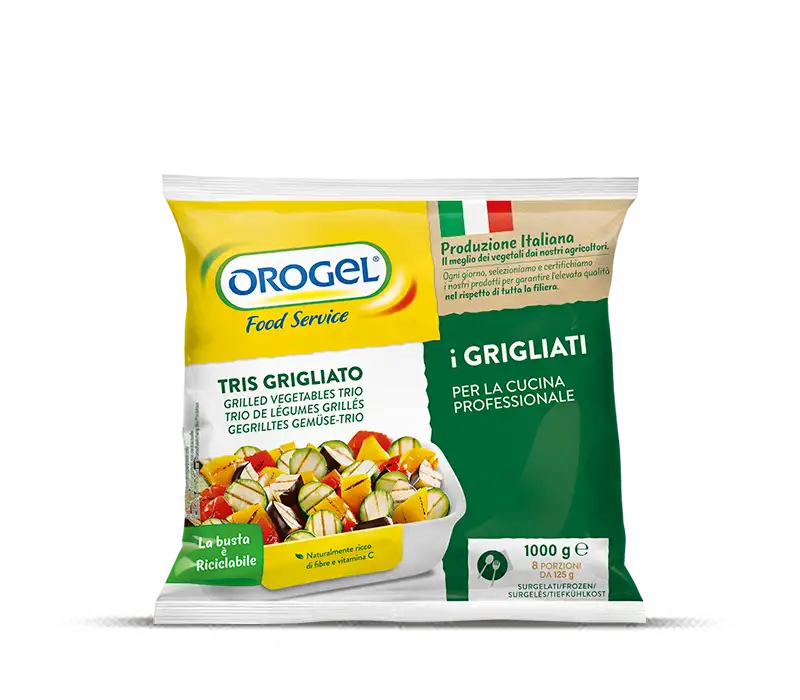 L'immagine mostra una busta di Tris Grigliato: busta di verdure grigliate orogel Orogel da 1kg