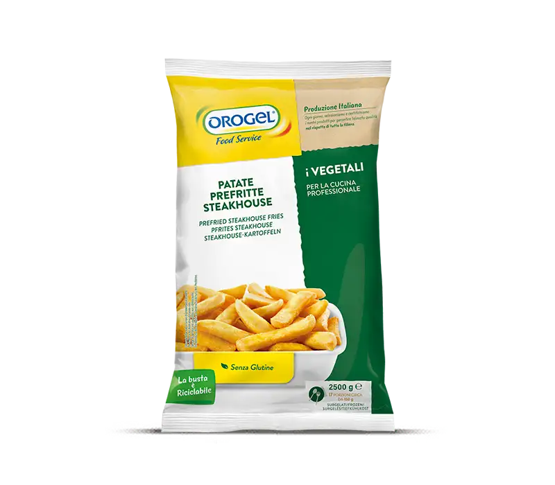 L'immagine mostra le un Pacco di Patate steak house surgelate Orogel, busta da 2,5 kg.