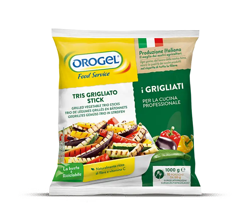 L'immagine mostra una busta di Tris Grigliato Stick: busta di tris grigliato orogel Orogel da 1kg