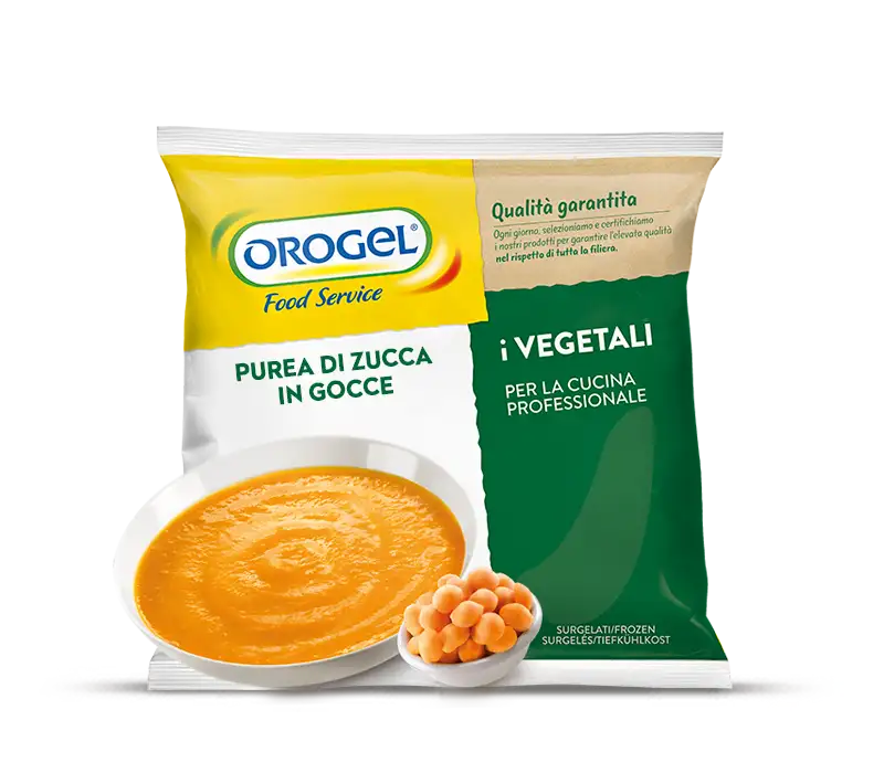 L'immagine mostra una busta di Purea di Zucca in Gocce: busta di purea di zucca pronta Orogel da 1kg