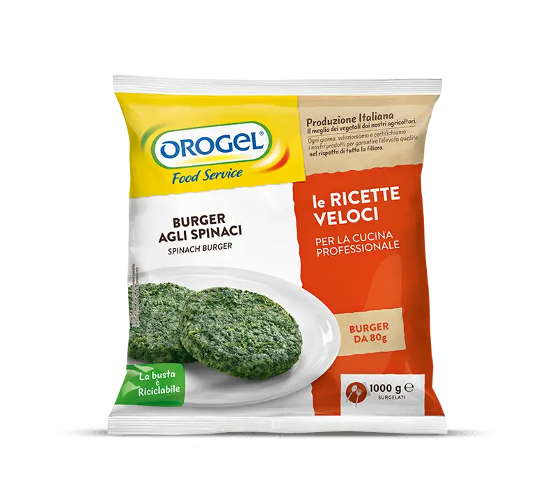 L'immagine mostra una busta di Burger agli Spinaci: busta di burger di spinaci Orogel da 1kg