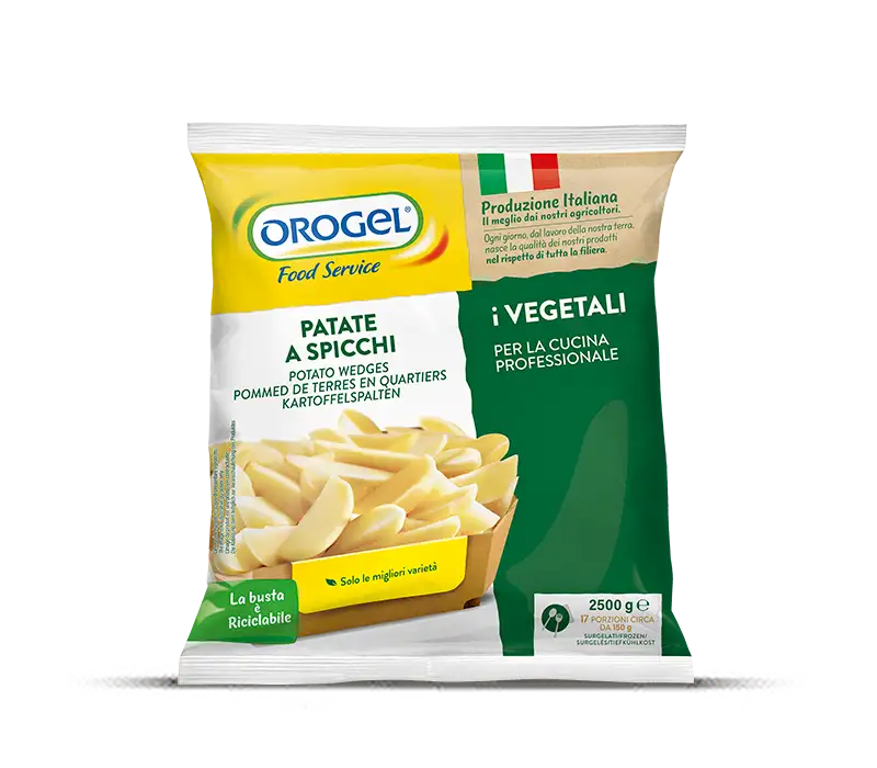 L'immagine mostra una busta da 2,5 kg. di Patate a spicchi surgelate Orogel