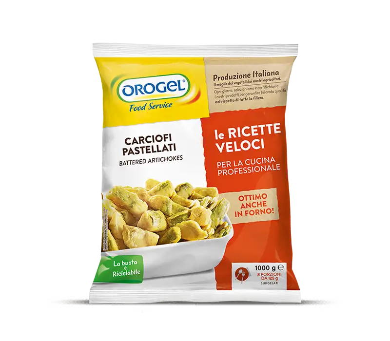 L'immagine mostra una busta di Carciofi Pastellati: busta di carciofi surgelati fritti in pastella Orogel da 1kg