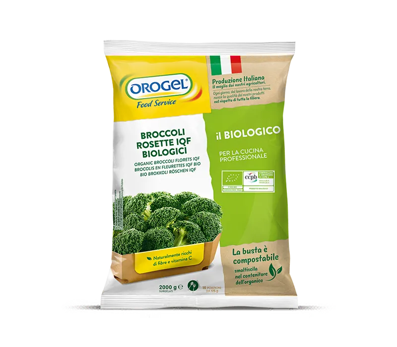 L'immagine mostra una busta di Broccoli Rosette IQF Bio: busta di broccoli orogel Orogel da 2kg
