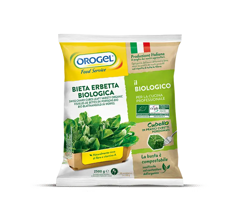 L'immagine mostra una busta di Bieta Erbetta Cubello Bio: busta di bieta surgelata Orogel da 2,5kg