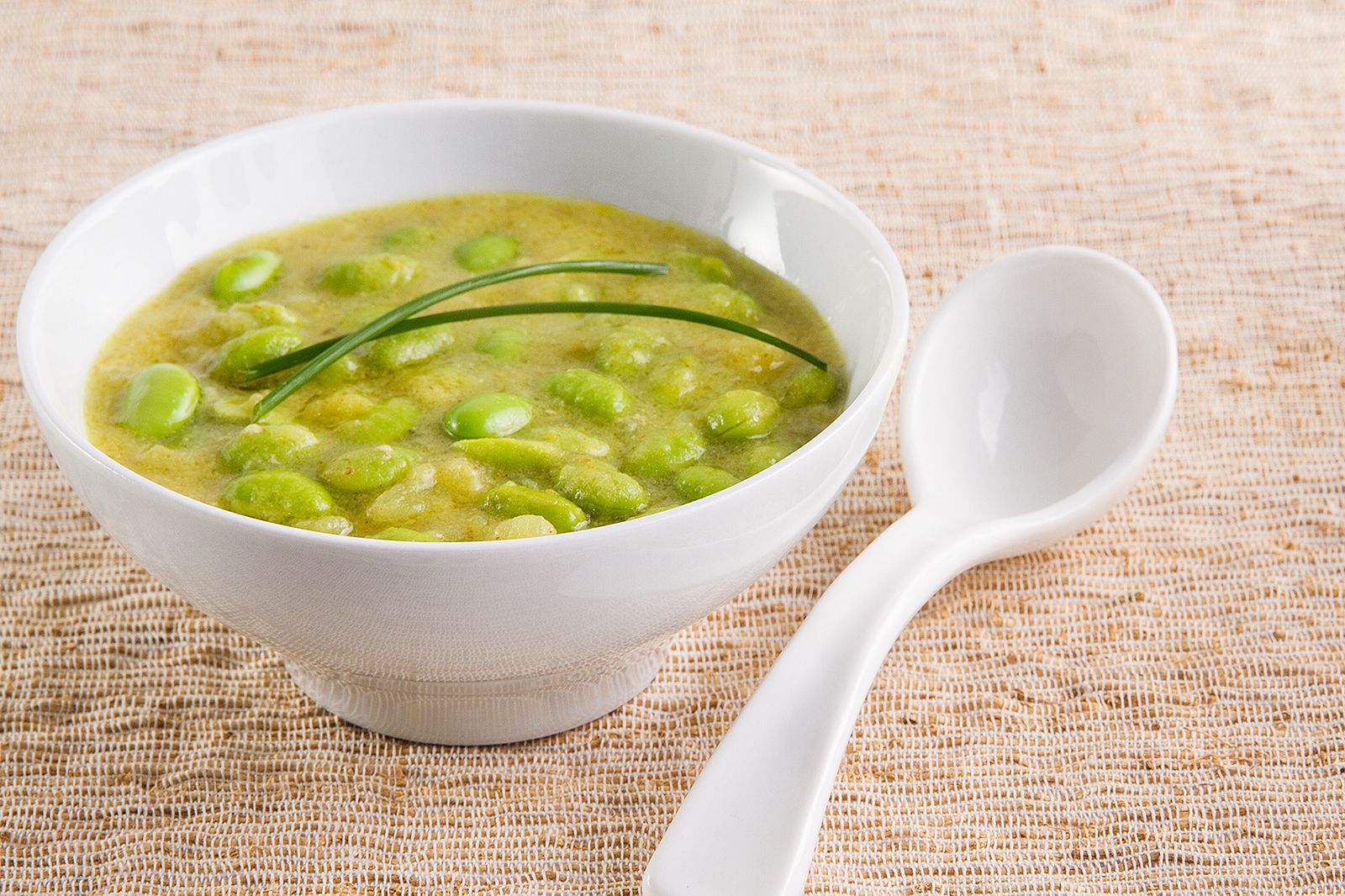 Edamame soybeans soup with coconut and curry