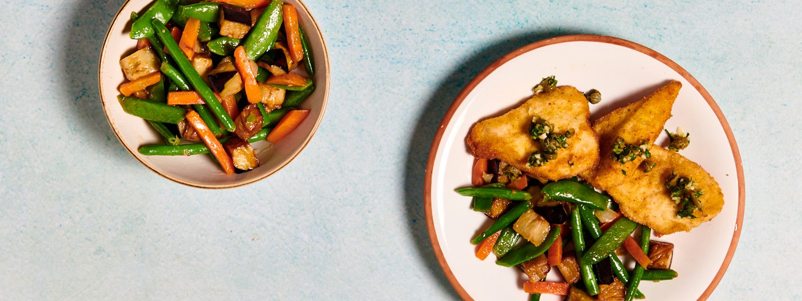 Chicken cutlets with lemon, capers and veggie side