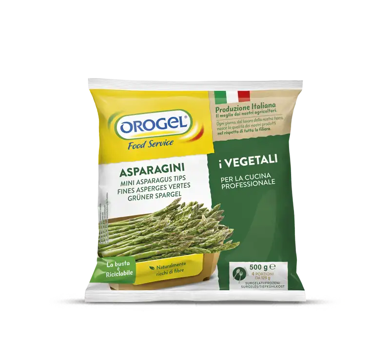 L'immagine mostra una confezione di Asparagini surgelati Orogel: asparagi italiani pronti per essere cucinati: bolliti, grigliati e al forno.