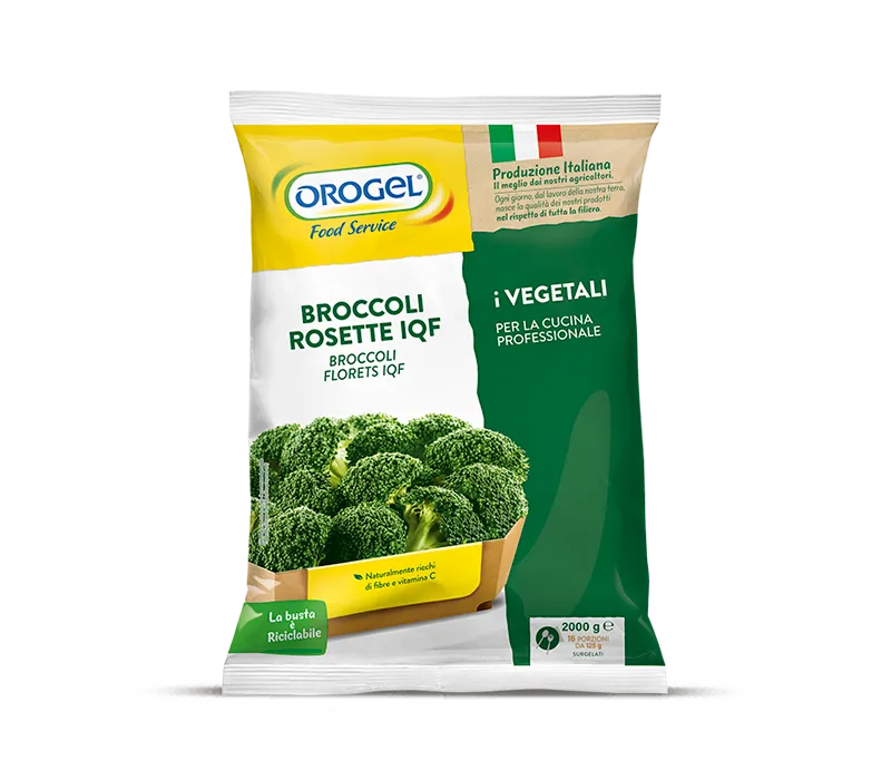 L'immagine mostra una busta di Broccoli Rosette IQF Orogel