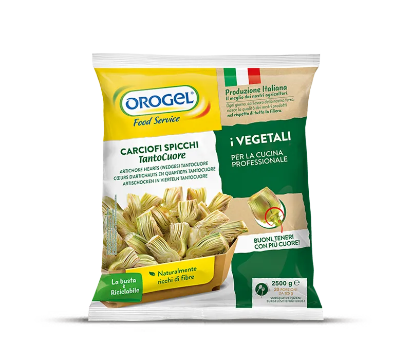 L'immagine mostra una busta di Orogel Carciofi Spicchi TantoCuore surgelati, busta da 2500g. 