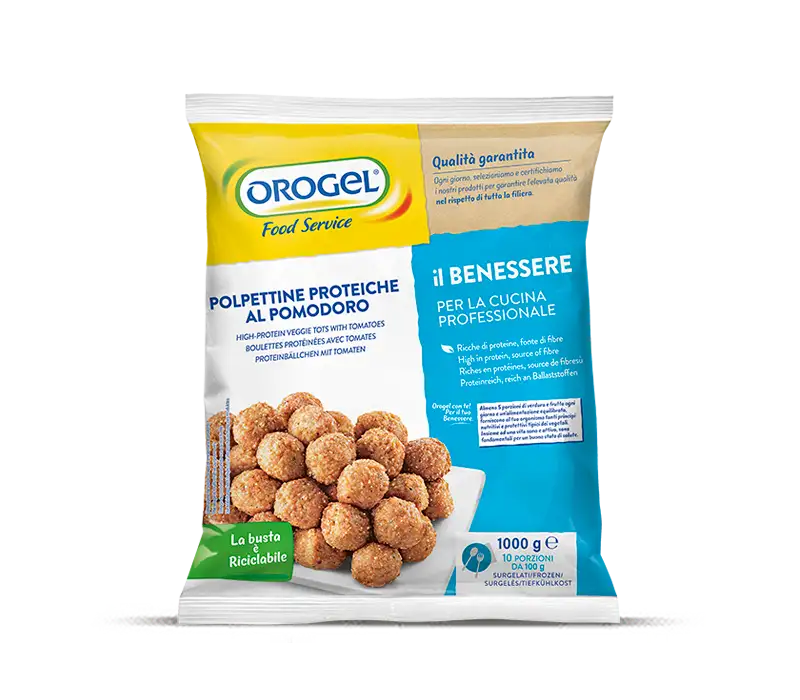 L'immagine mostra una busta di Polpettine Proteiche al Pomodoro: busta di polpette proteiche Orogel da 1kg