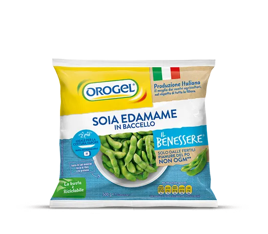 L'immagine mostra una confezione di soia edamame in baccello (edamane, edame, edemame, edamame) Orogel da 500gr.