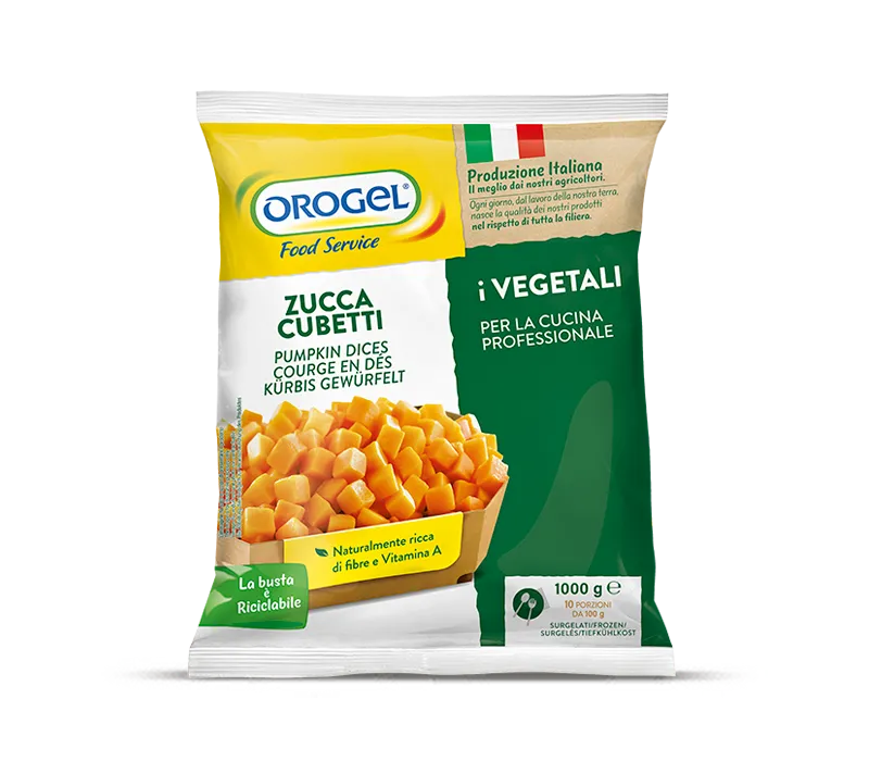 L'immagine mostra una busta di Zucca Cubetti: busta di zucca congelata Orogel da 1kg